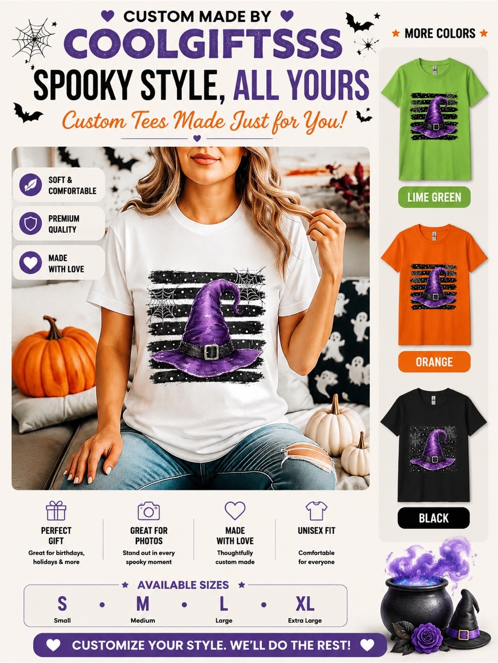 Halloween Witch Hat Short Sleeve Tee. Pick 1 New. S M L XL made to order